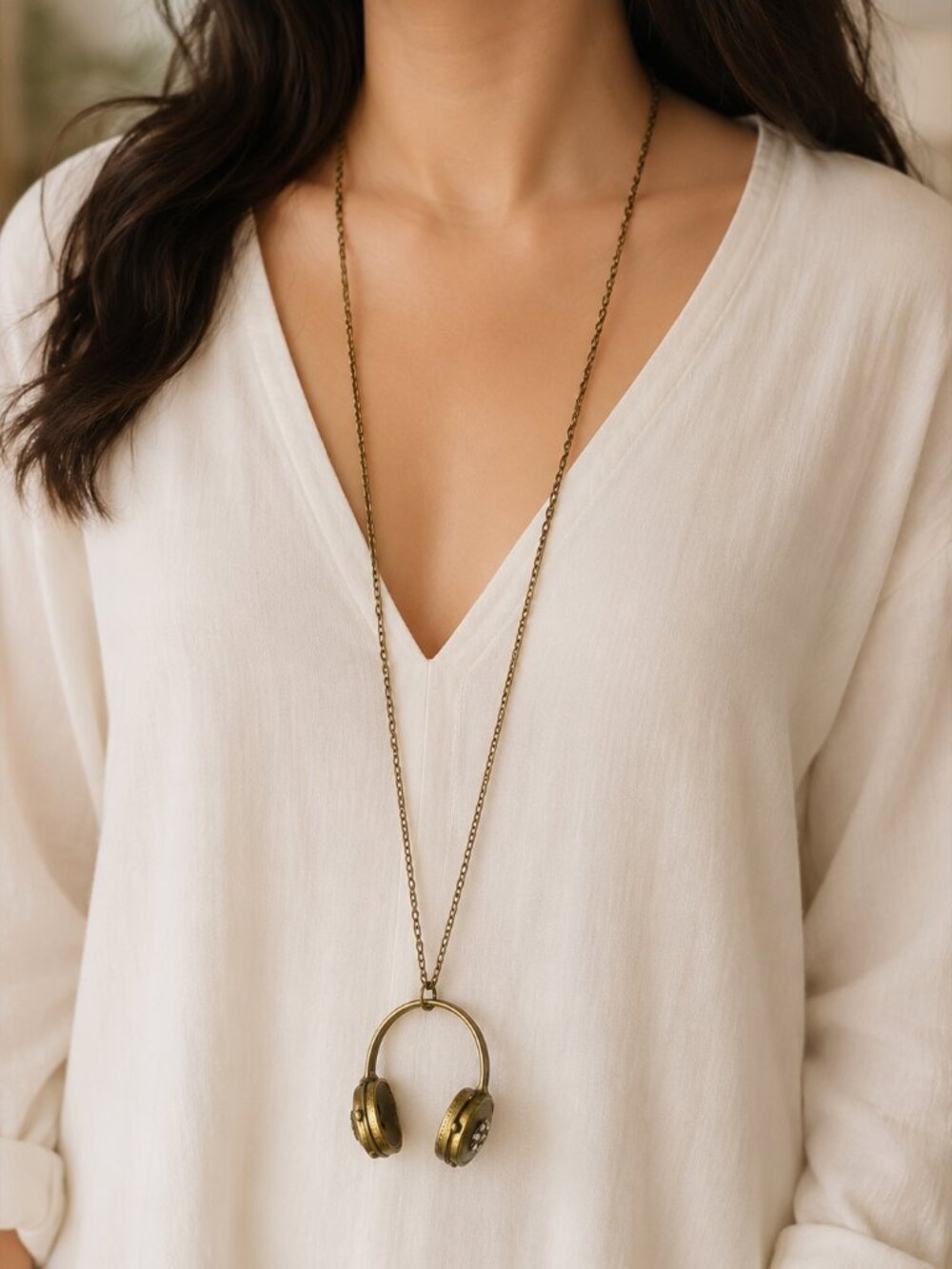 Vintage Brass Tone Headphones Pendant Necklace Rhinestone Novelty Statement